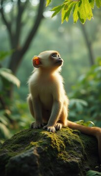 Monkey sitting on rock, looking up in serene forest setting