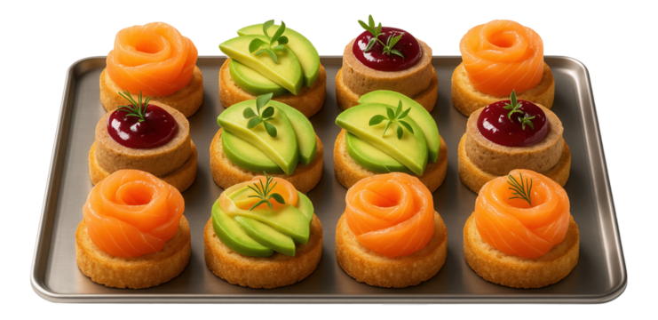 Assorted gourmet canapes with salmon, avocado, and pate topped with garnishes on round crackers arranged on a tray.