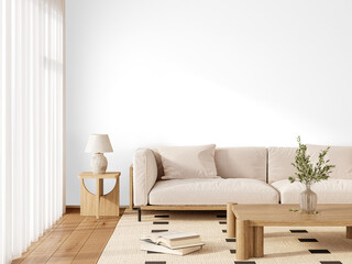  Left View of Scandinavian Sofa with Coffee Table and Table Lamp – Interior PNG Wall-Free – Transparent Wall Mockup with Realistic Shadows – 3D render