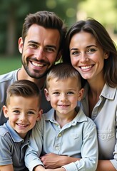 A happy family gathers together in a picturesque park, enjoying each others company. Two playful boys beam with joy alongside their loving parents, creating cherished memories Generative AI