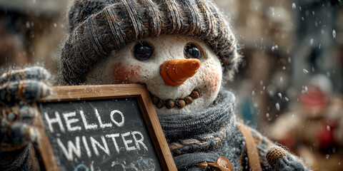 Cute smiling snowman with hat, scarf and woolen gloves, holding a blackboard with the English text Hello Winter while it is snowing, happily announces the arrival of the winter season. Generative Ai.
