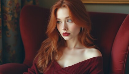 Fototapeta premium Pensive young woman in red sweater seated indoors