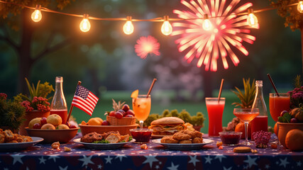 A fourth of july celebration with american flags fireworks and a picnic table full of food and drinks
