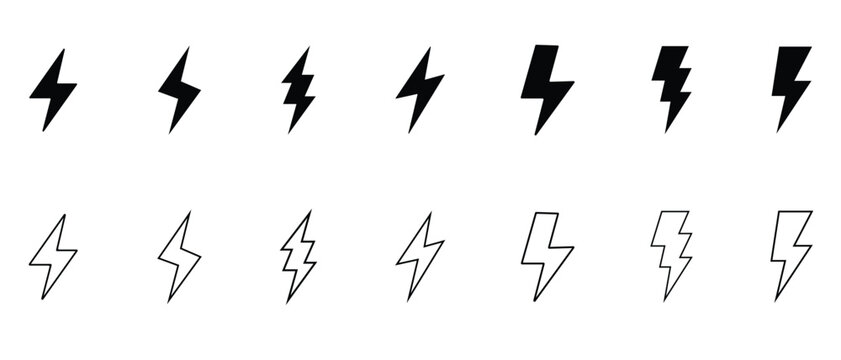 Lightning icon set. Line and glyph flash sign.  electric icon vector. power icon. energy sign. Outline thunderbolt symbol. Vector illustration.