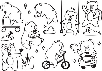 Cute Bear Doodle Set, Playing Bears, Sitting, Cycling, Sleeping Vector Animal Cartoon