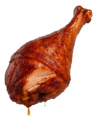 Juicy roasted turkey leg with crispy skin, glistening with rendered fat and dripping juices.