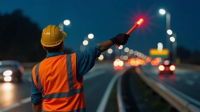 Road worker directing traffic at night using illuminated baton. Road safety professional ensures smooth traffic flow during nighttime operations.