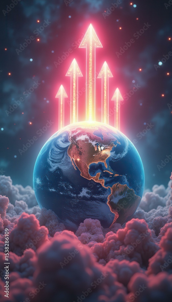 Aufkleber Planet Earth with glowing arrows rising in abstract space setting