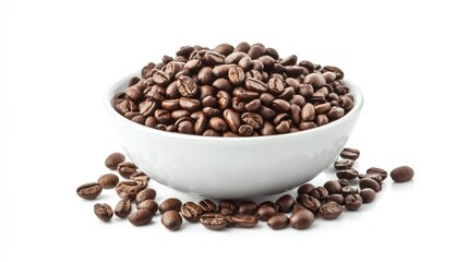 Fototapeta premium Coffee beans in white bowl, spilling out on white background.