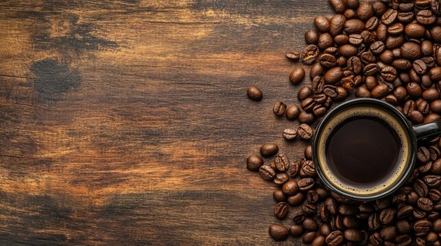 Coffee beans and cup on wooden surface with space for text.