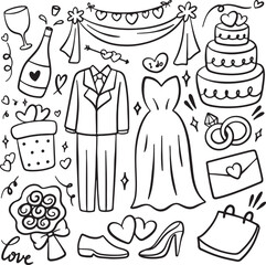 Wedding Doodle Set, Bride and Groom, Cake, Ring, Dress, Celebration Icons Vector Sketch,