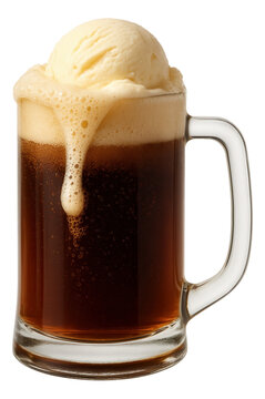 A glass mug of root beer topped with a scoop of vanilla ice cream, forming a foamy root beer float with frothy bubbles.