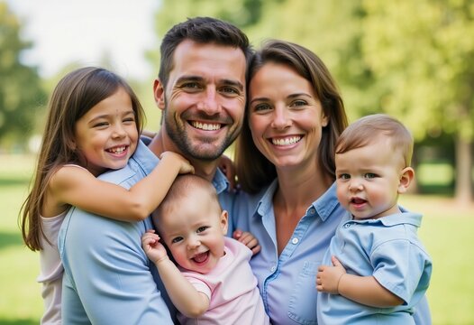 A loving family of four gathers in a park on a sunny afternoon. The kids share giggles while the parents hold them close, creating cherished memories in natures embrace Generative AI