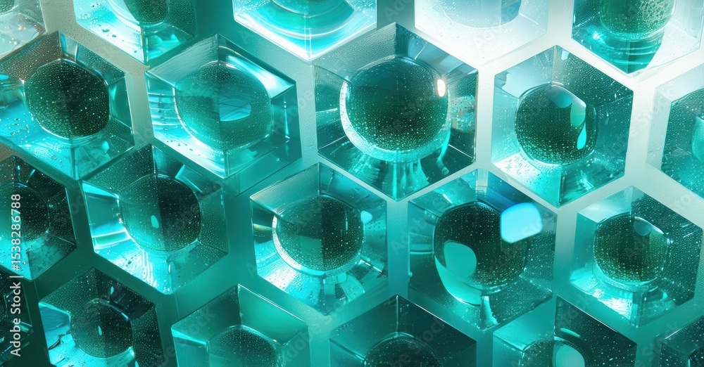 Poster hexagonal structures, translucent material, vibrant teal hues. complex geometry creates abstract, fu