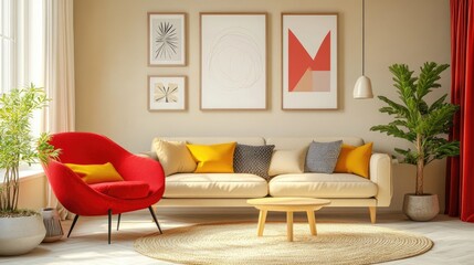 Colorful living room interior with red armchair, beige sofa, posters, round rug.