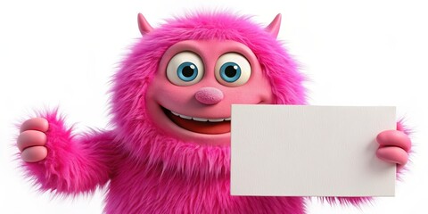 Fototapeta premium A cute pink monster with a goofy expression is holding an empty sign with a blank slate background