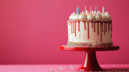 Colorful sprinkles on a vibrant pink background with a red stand for Birthday Drip Cake