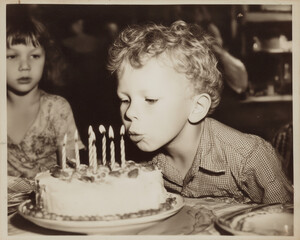 vintage photo of child blowing out birthday candles on cake, black and white film