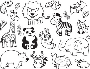 Wild Jungle Animal Doodle Art, Tiger, Lion, Panda, Zebra and Elephant Sketch Set, Kids Wildlife Vector Illustration,
