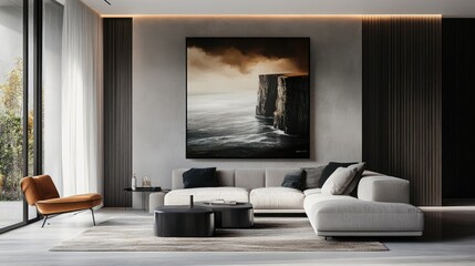 Contemporary living room with Cliffs of Moher art display