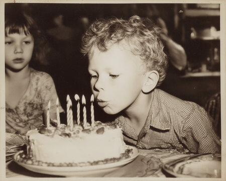 vintage photo of child blowing out birthday candles on cake, black and white film