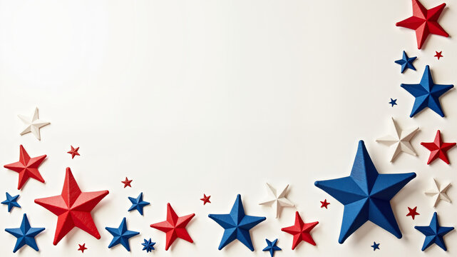 Red, white, and blue decorative stars are placed on a light fabric background, ideal for celebrations like Independence Day or patriotic events
