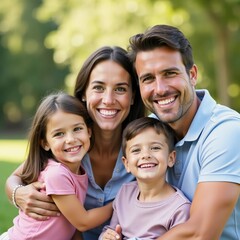 A joyful family gathers in a lush green park, embracing each other with smiles of love. Two children, a son and a daughter, radiate happiness beside their parents Generative AI