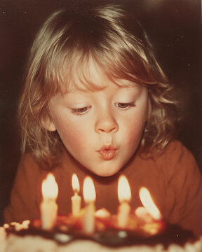 vintage photo of child blowing out birthday candles on cake, 1980s film