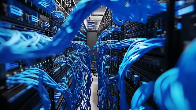 Intricate network of blue cables connecting servers in a modern data center, showcasing technology - Powered by Adobe
