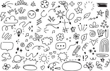 Cute Animal Doodle Set With Flowers and Clouds, Kids Nature Art Sketch, Hand Drawn Wildlife Elements, Black and White Cartoon Design