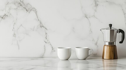 Cups, moka pot, and jug on marble surface with room for text