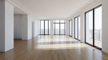 Empty large living room with white walls, laminate floor, and balcony doors