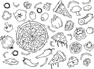 Pizza and Fast Food Doodles Vector, Delicious Snack Elements, Hand Drawn Black and White Junk Food Sketch, Restaurant Theme Clipart