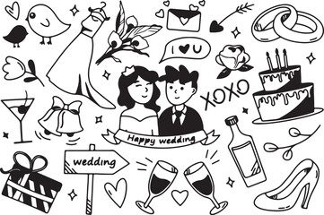  Wedding Couple Love Doodle Illustration, Romantic Cartoon Bride and Groom, Marriage Celebration Drawing, Hand Drawn Vector Art, Black and White Wedding Clipart, 