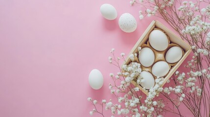 Easter-themed lightbox and gypsophila bouquet on pink background. Flat lay composition with Easter elements.