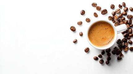 Fototapeta premium Espresso Coffee Cup and Roasted Beans on White Background with Copy Space