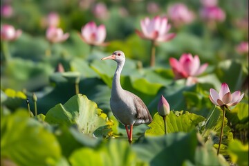 Graceful heron among lotus flowers in a serene pond nature photography tranquil environment captured from a close view