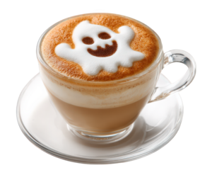 Ghost latte art coffee glass cup pumpkin Halloween cute foam isolated festive joyful transparency background seasonal autumn drink celebration spooky fun morning hot beverage transparent saucer