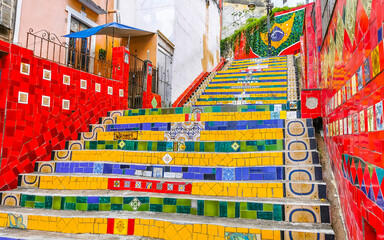 Escadaria Selaron red famous stairs staircase Rio de Janeiro Brazil.