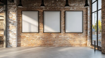 Frames on brick wall with empty space.