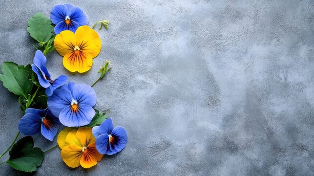 Floral arrangement with blue and yellow pansy leaves on gray background with empty space.