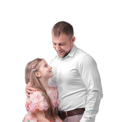 Happy father and his daughter on white background
