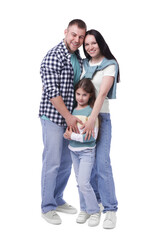 Happy parents and their daughter on white background