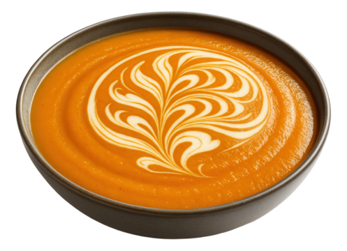 Creamy pumpkin soup with a decorative swirl of cream in a gray bowl.