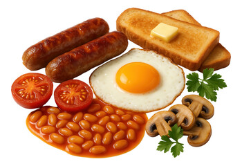 Traditional English breakfast with sausages, fried egg, baked beans, grilled tomatoes, buttered toast, and mushrooms.
