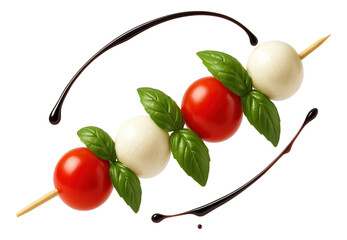 Caprese skewer with cherry tomatoes, mozzarella balls, and fresh basil leaves drizzled with balsamic glaze.