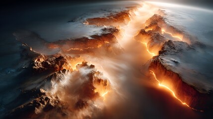 Fototapeta premium A spectacular and scene of a violent volcanic eruption with molten lava smoke and steam bursting forth from the rugged primeval mountain terrain