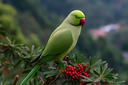 A green parrot with a red beak sits among leaves and red berries