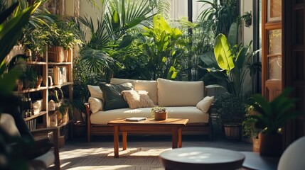 Inviting living room adorned with cozy seating, table, and greenery