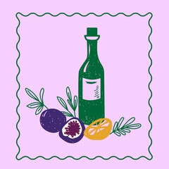 Sketch Green Glass Wine Bottle, Figs, Lemon Illustration. Vintage Mediterranean Atmosphere Life Element. Hand Drawn Travel Agency Card, Invitation, Poster Print Design. Beverage and Fresh Healthy Food